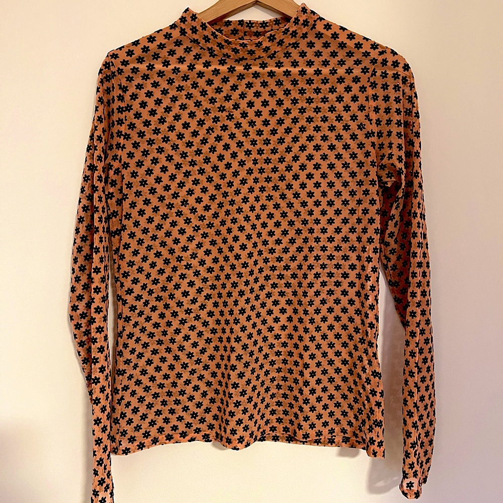 Sheer peach, black velvet sparkle designer long sleeve mock neck top